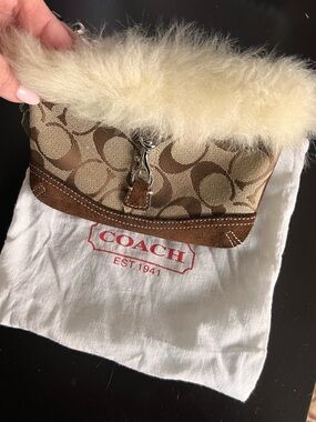 Coach Brown Signature Jacquard Wristlet with Cream Shearling Trim